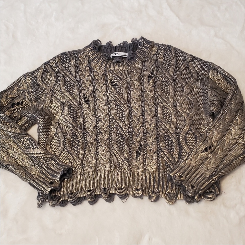 NWT Zara Gray and Metallic Distressed Cable Knit Sweater
